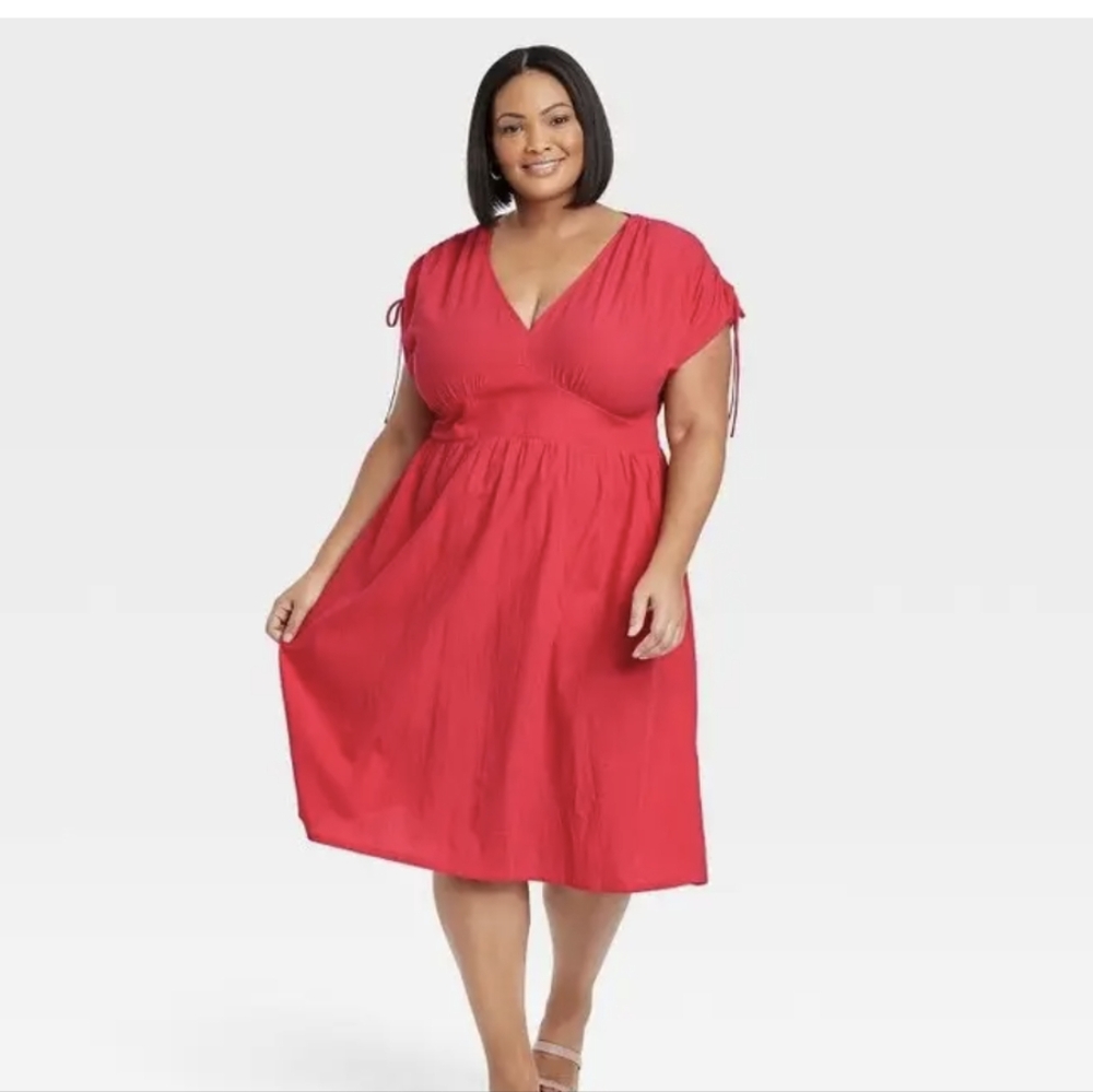 NWT Ava & Viv Pink V Neck Midi Dress Size 4X Cotton Pockets Ruched Tie Shoulder